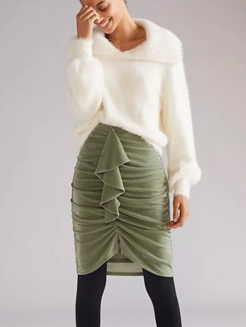 Mare Mare Anthropologie Moss Green Ruched Ruffled Glitter Mini Skirt S